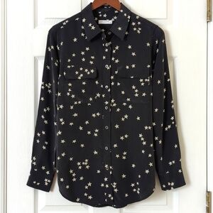 Equipment Slim Signature Star Printed Silk Long Sleeve Button Down Shirt Black S